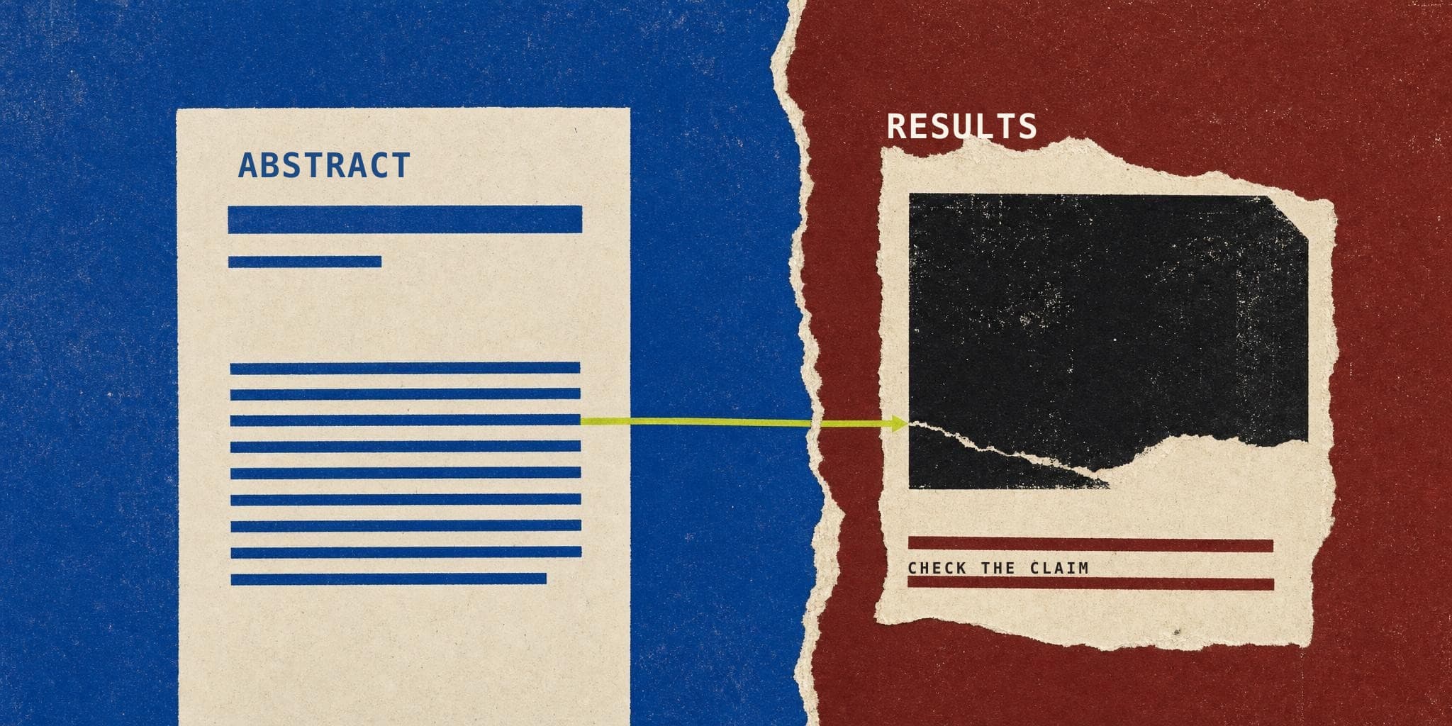 Torn blue and oxblood paper contrasting an abstract with the results of a research paper