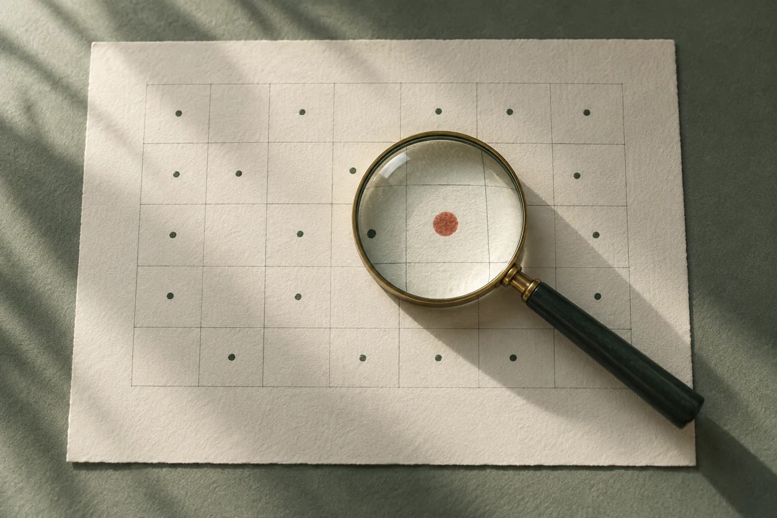A brass magnifying glass enlarges a terracotta dot among green dots on a blank paper grid